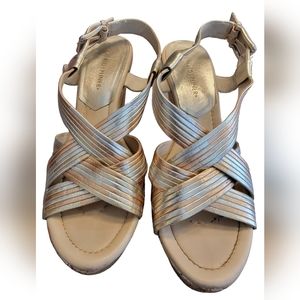 Donald J Pliner wedge sandals. Multi tone metallic finish. Wood heel.